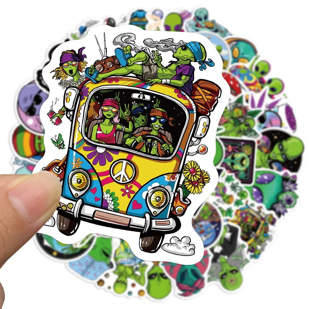 50pcs Psychedelic Alien Weed Characteristics Stickers Laptop Car Bike Travel Luggage Fridge Vinyl Decal Waterproof Sticker Toy (ONLINE ORDER ONLY)