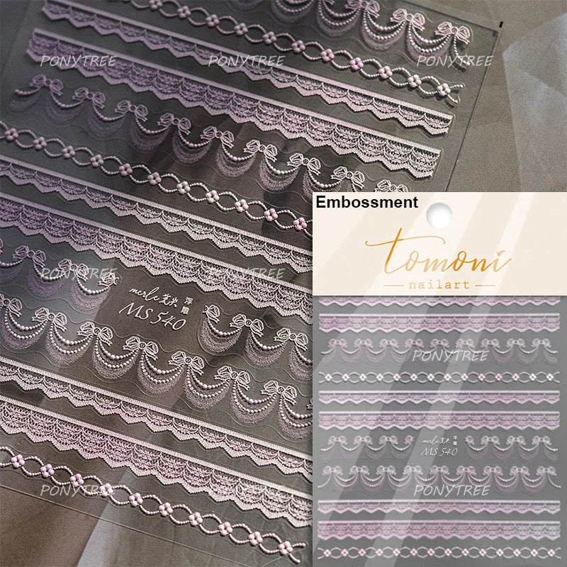French Romantic Lace Flower Fabric Art Pearl Pendant Portrait Bowknot Textile Printing Delicate Nail Art Stickers Manicure Decal (ONLINE ORDER ONLY)