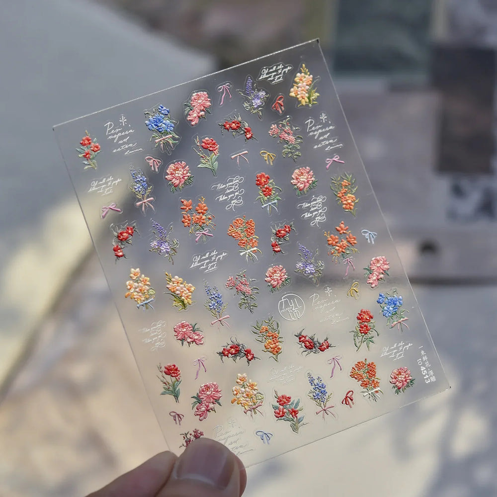Dried Flower Lavender Bowknot Peony Pomegranate Flowers Bouquet Rose Chic Reliefs Self Adhesive Nail Art Stickers Manicure Decal (ONLINE ORDER ONLY)