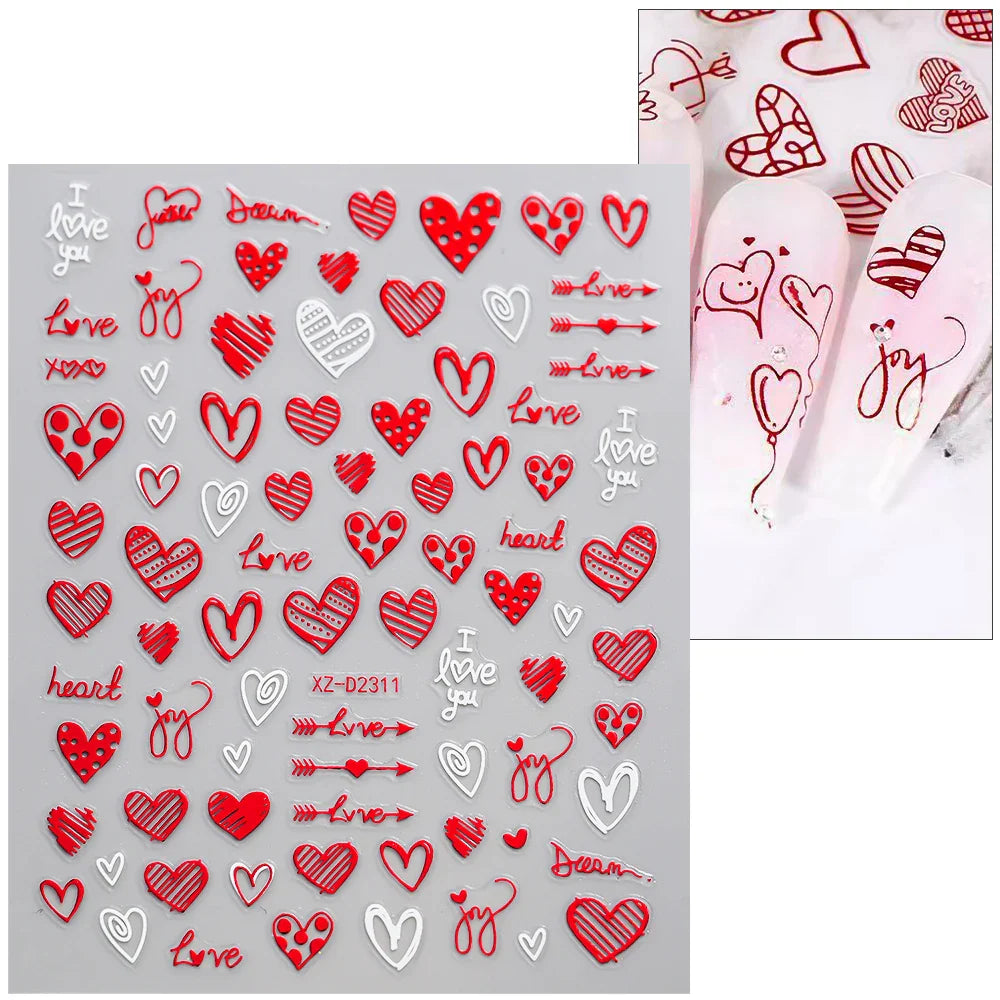 12 Sheets Valentines Nail Stickers Red Heart Nail Art Sticker Decal Solid Hollow Heart 3D Self-Adhesive Design Nail Art Supplies (ONLINE ORDER ONLY)