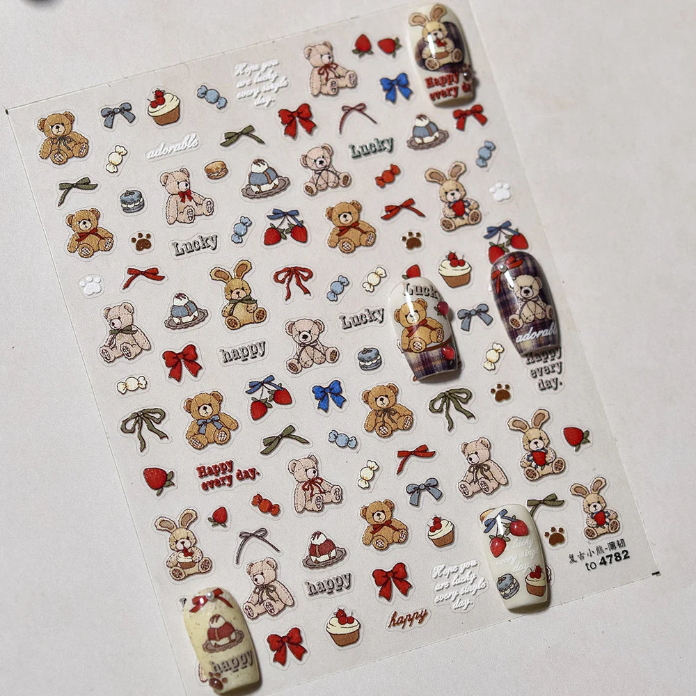 Charm Retro Bear Candy Cake Bowknot Rabbit Bunny Strawberry Footprint Muffin 3D Adhesive Nail Art Stickers Chic Manicure Decals (ONLINE ORDER ONLY)