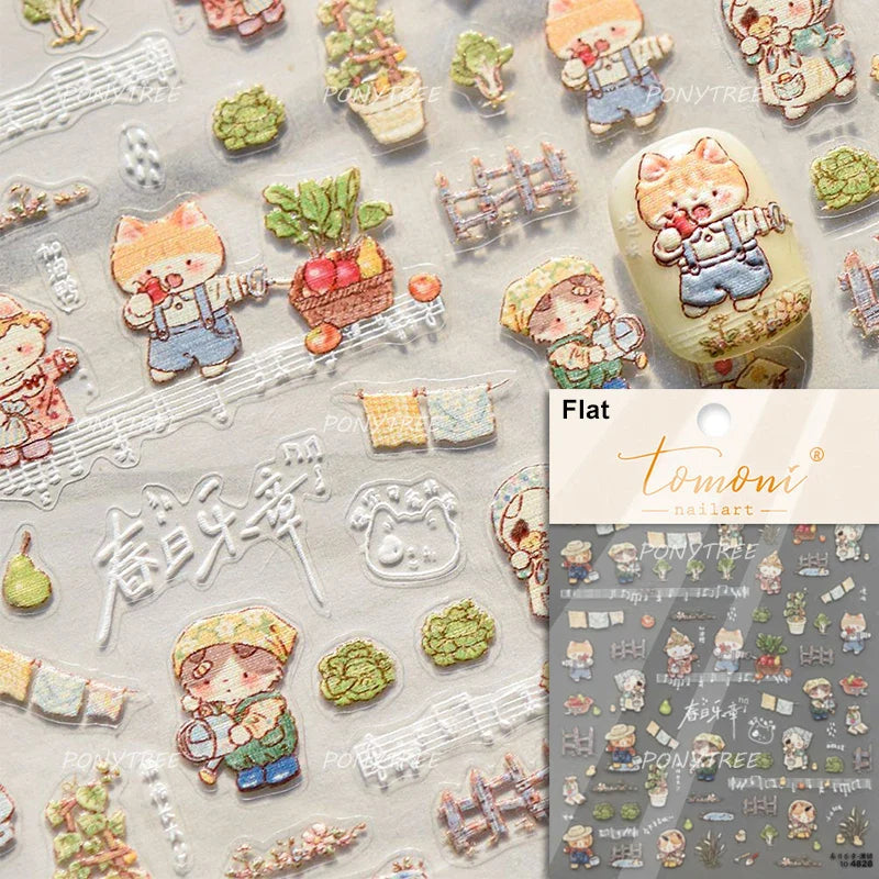 Spring Dog Bear Toy Rose Flower Floral Print Letter Bone Butterfly Cat Puppy Relief Adhesive Nail Art Stickers Manicure Decals (Online Order Only)