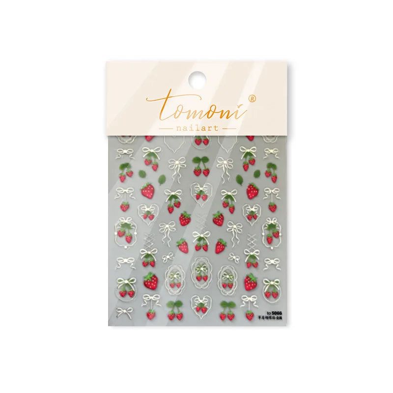 Lovely Red Fruit Strawberry Cherry Bowknot Love Heart Star Silk Ribbon Chic Rhinestone Adhesive Nail Art Stickers Manicure Decal (ONLINE ORDER ONLY)