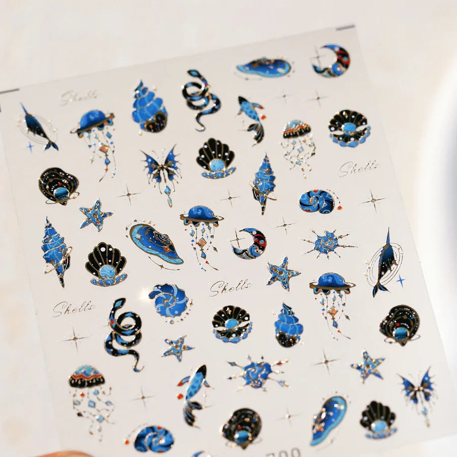 Blue Butterfly Planet Star Conch Snake Shell Clam Pearl Whale Jellyfish Moon Adhesive Nail Art Stickers Dreamy Manicure Decals (Online Order Only)