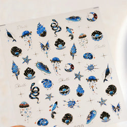 Blue Butterfly Planet Star Conch Snake Shell Clam Pearl Whale Jellyfish Moon Adhesive Nail Art Stickers Dreamy Manicure Decals (Online Order Only)