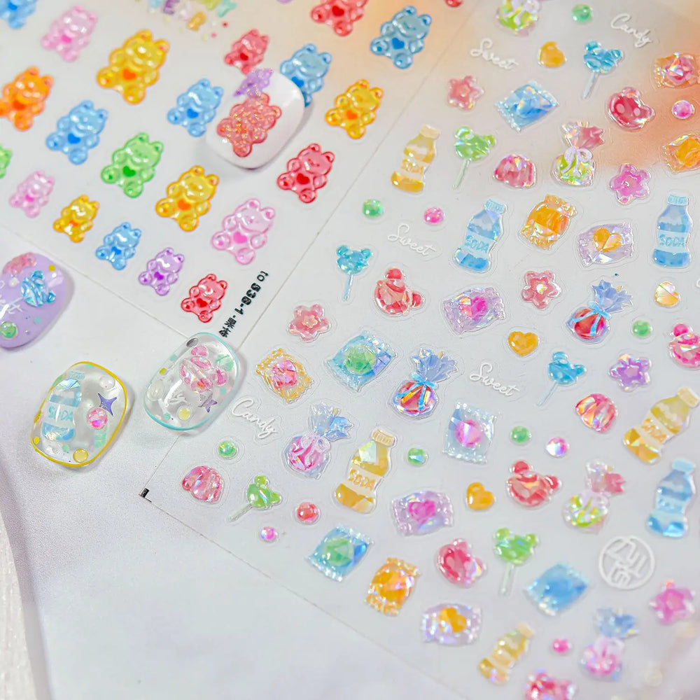 Colourful Jelly Rabbit Bunny Gummy Bear Cute Lollipop Soda Water Candy Snack Pudding Star Heart Nail Art Stickers Manicure Decal (ONLINE ORDER ONLY)
