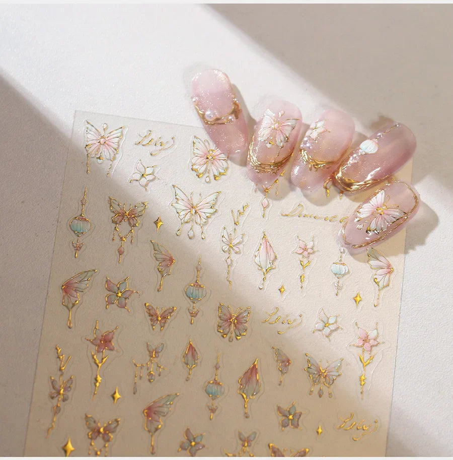 Butterfly Peach Blossom Flowers Lantern Star Tassel Pendant Gold Hot Stamping Self Adhesive Nail Art Stickers Manicure Decals (ONLINE ORDER ONLY)