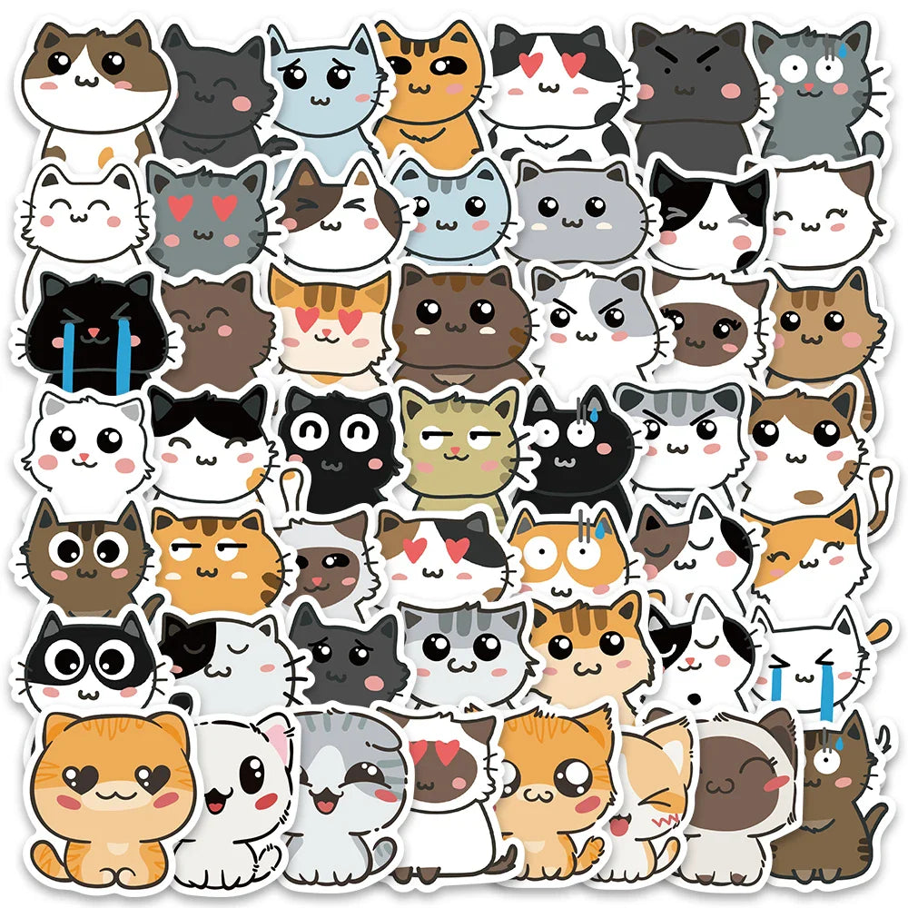50pcs Funny Cute Cartoon Cats Meme Stickers Vinyl Laptop Phone Decals For Luggage Guitar Stationery Waterproof Graffiti Toy (ONLINE ORDER ONLY)