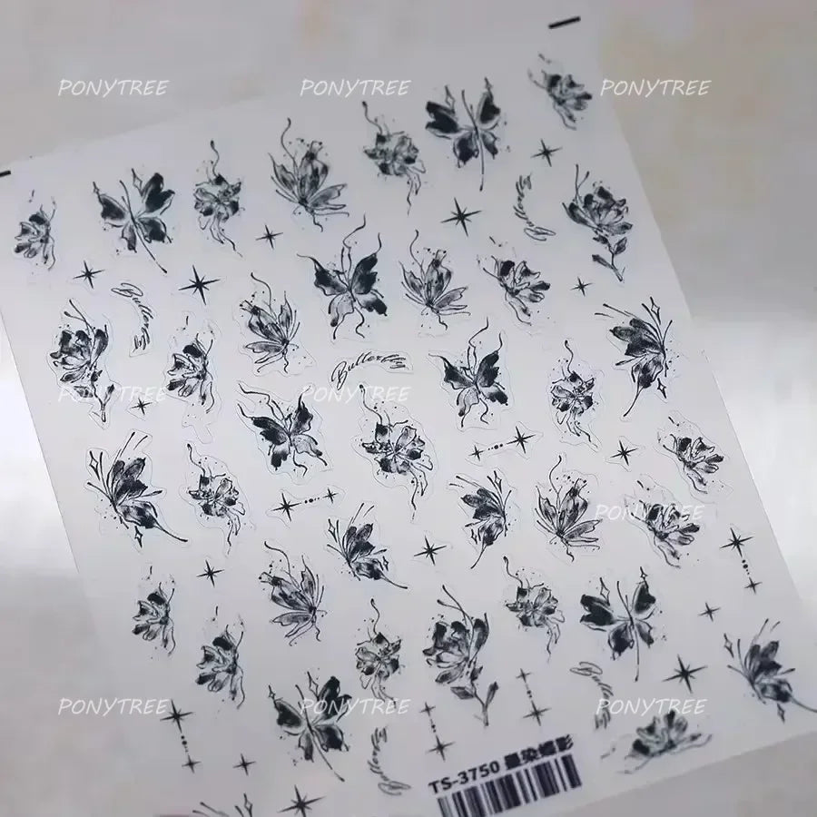 Charming Delicate Sapphire Color Blue Black Stroke Butterfly Jelly Relief Rhinestone Adhesive Nail Art Stickers Manicure Decals (Online Order Only)
