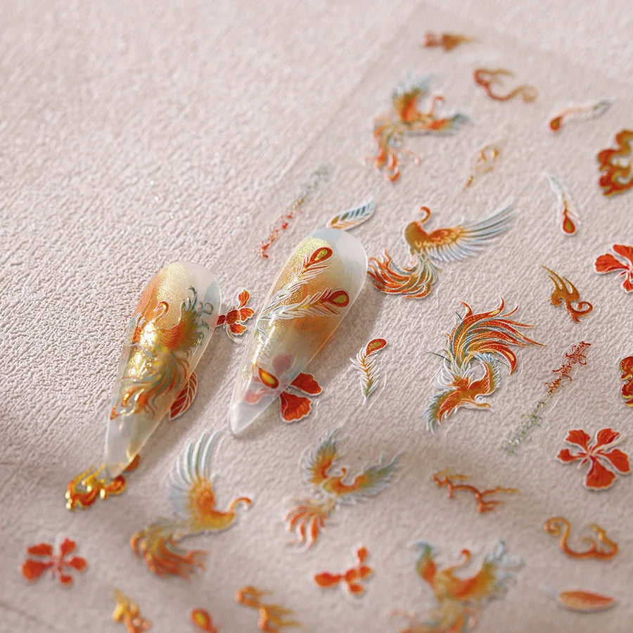 Charming Red Rose Phoenix Flower Wing Leaves Flower Feather Pearl Relief Embossed 5D Adhesive Nail Art Stickers Manicure Decals (ONLINE ORDER ONLY)