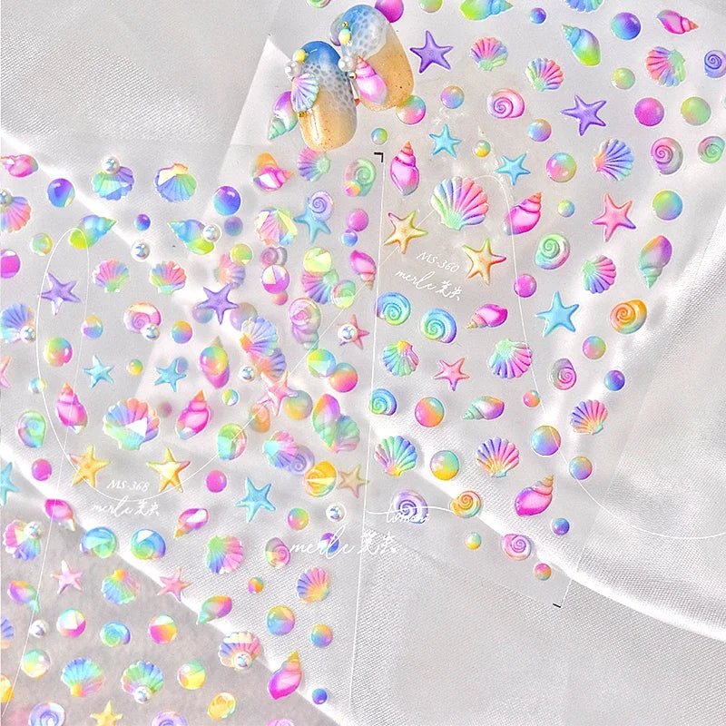 Fantasy Beach Summer Dreamy Colorful Seasnail Shell Pearl Conch Jelly Star 5D Decals Soft Relief 3D Decoration Nail Art Stickers (Online Order Only)