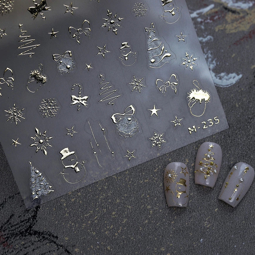 Hot Stamping Christmas Tree Bell Bowknot Cane Snowman Star Adhesive Nail Art Stickers Snowflake Glitter Powder Manicure Decals (ONLINE ORDER ONLY)