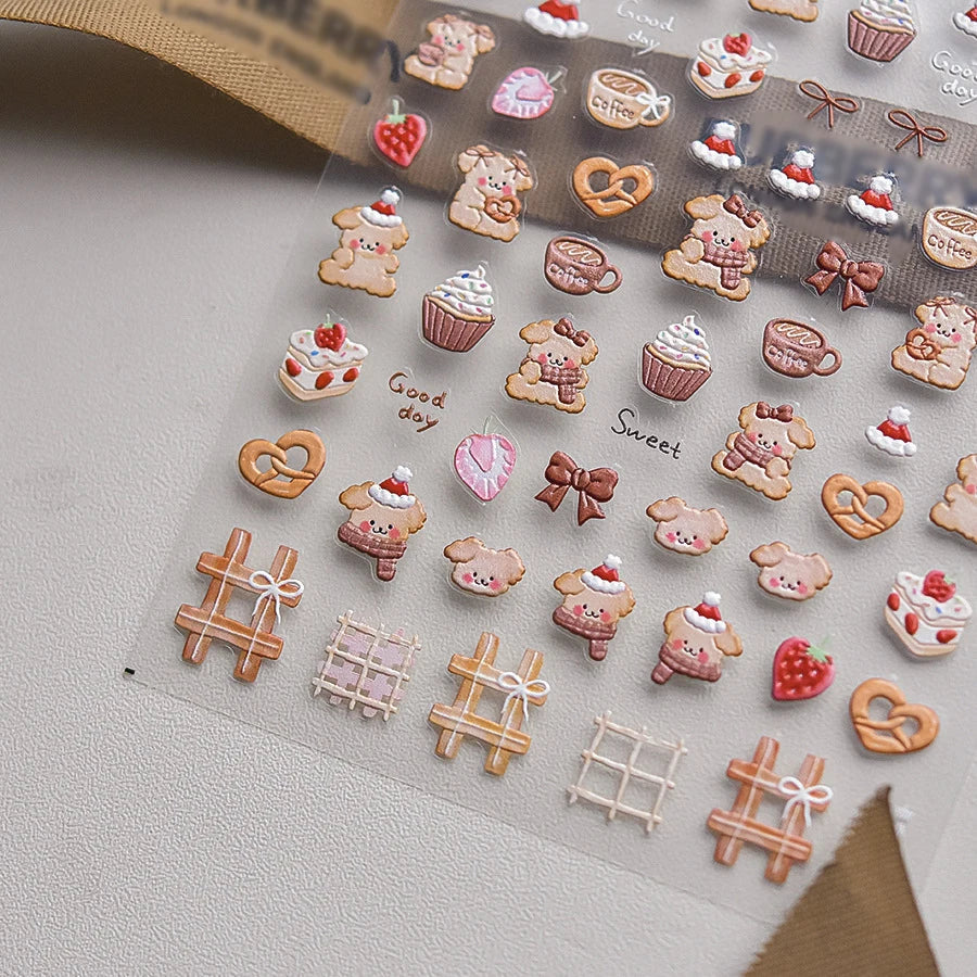 Bowknot Dog puppy Christmas Hat Strawberry Cake Food Coffee Cherry Love Heart Adhesive Nail Art Sticker Reliefs Manicure Decals (Online Order Only)