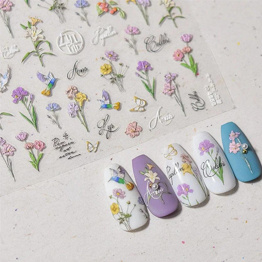 Hummingbird Iris Butterfly Peony Rose Tulip Daisy Lily Flowers Morning Glory Pearl Rhinestones Nail Art Sticker Decoration Decal (ONLINE ORDER ONLY)
