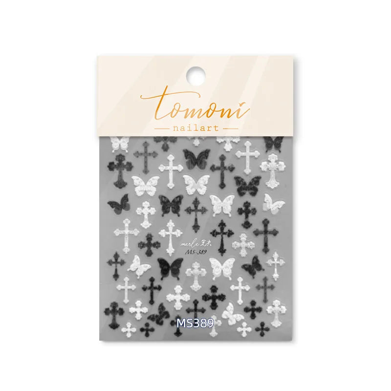 Black White Pearl Lace Butterfly Cross Retro Figure Flower Symmetric Self Adhesive Nail Art Stickers  Manicure Decals Wholesale (ONLINE ORDER ONLY)