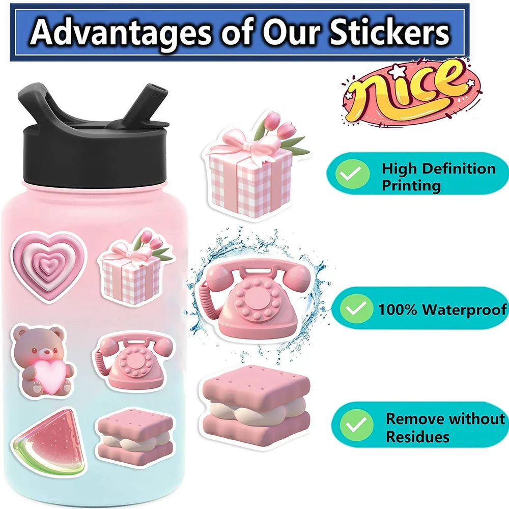 50PCS Kawaii Pink Love PVC Sticker Aesthetic Korean Stationery Decoration Scrapbooking School Supplies for Kids (ONLINE ORDER ONLY)