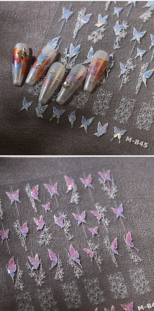 Butterfly Flower Hollow Out Lace Delicate Floral Print Shiny Cloth Block Insect Self Adhesive Nail Art Stickers Manicure Decals (Online Order Only)