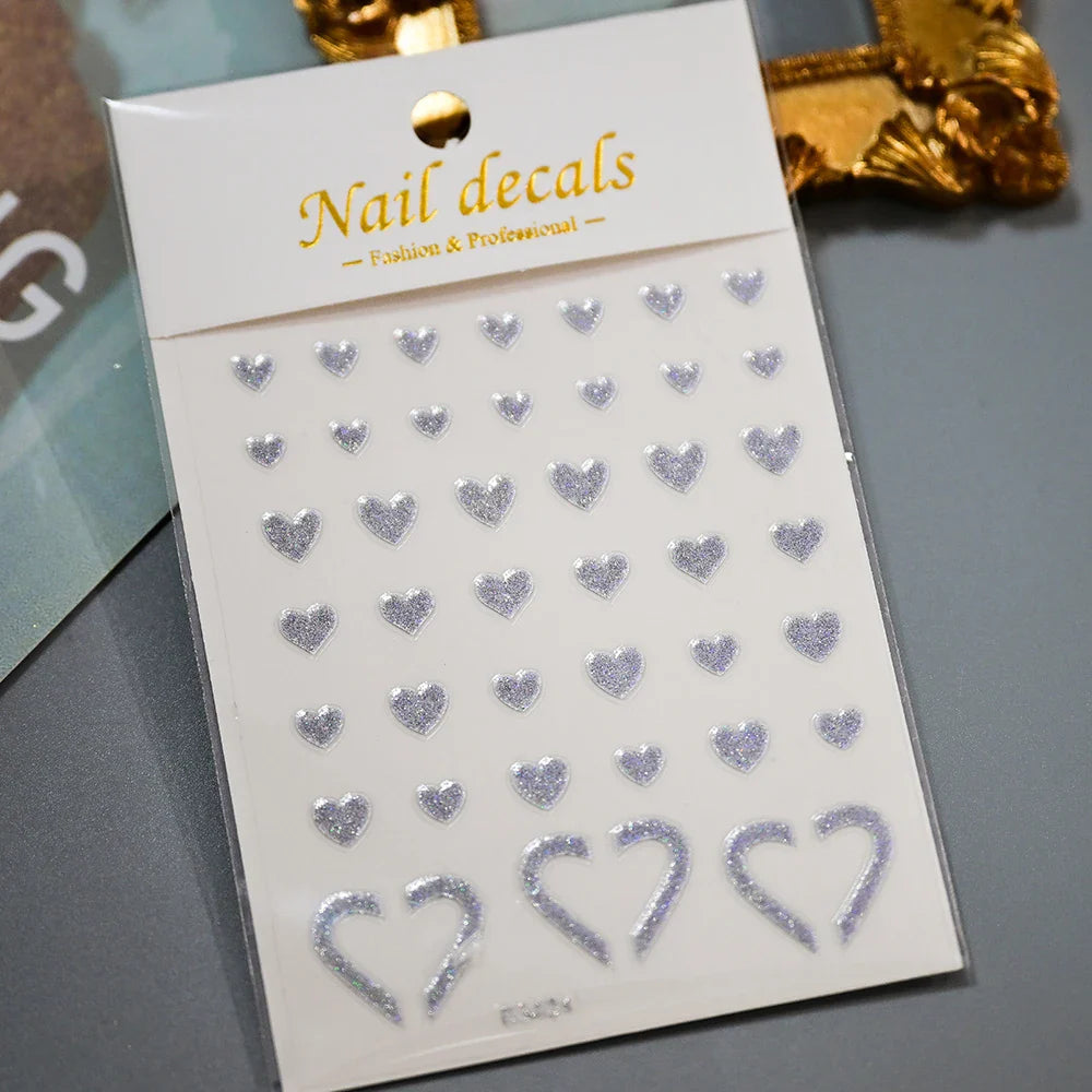 1Pc Red Pink White Heart Bow Nail Art Stickers with Glitter Sequins 5D Self Adhesive Nail Decorations Slider Decals DIY Manicure (ONLINE ORDER ONLY)