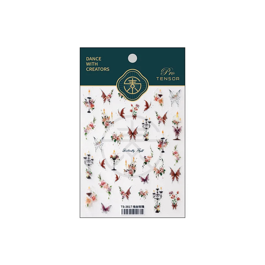 Charming Butterfly Candle Holder Candlestick Chic Rose Flower Romantic Self Adhesive Nail Art Stickers Rhinestone Manicure Decal (ONLINE ORDER ONLY)
