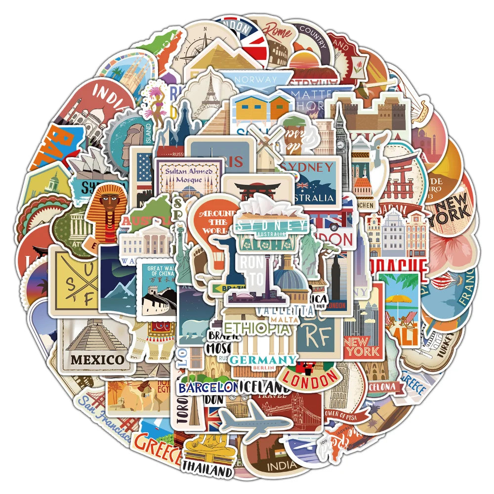100Pcs Global Travel City Landscape Stickers DIY Toys Stationery Case Skateboard Laptop Guitar Pegatinas Decals Stickers (ONLINE ORDER ONLY)
