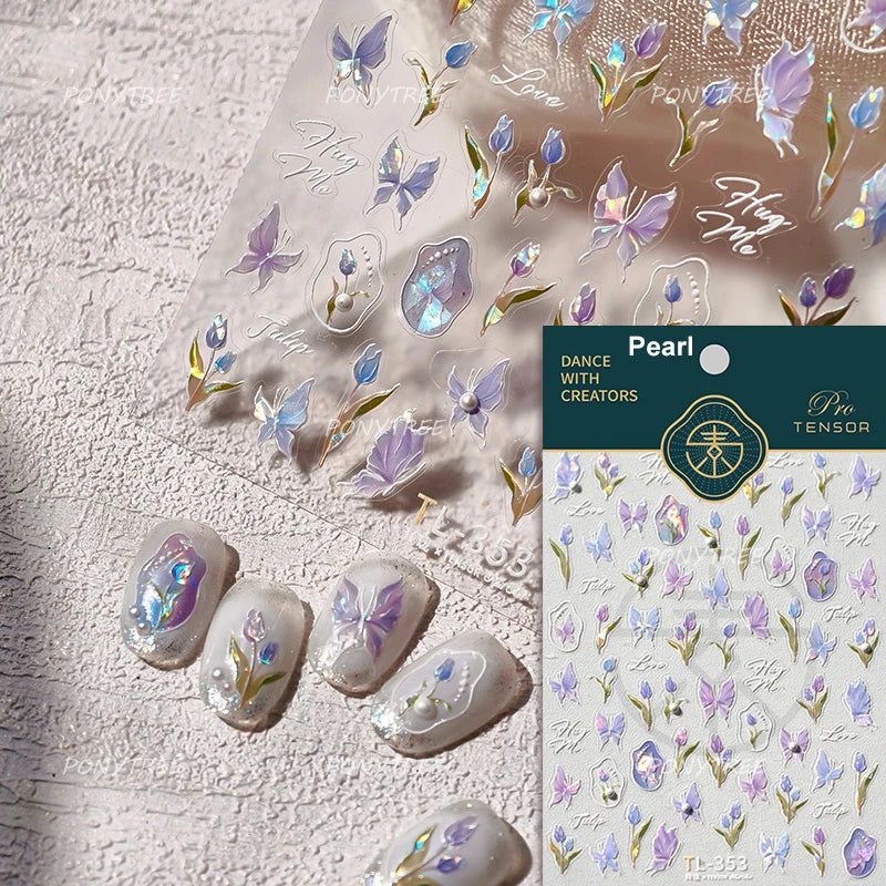 Tulips Flower Letter Bowknot Butterfly Irregular Lines Pearl Tender 5D Adhesive Nail Art Stickers Manicure Decals Stick on Nail (ONLINE ORDER ONLY)
