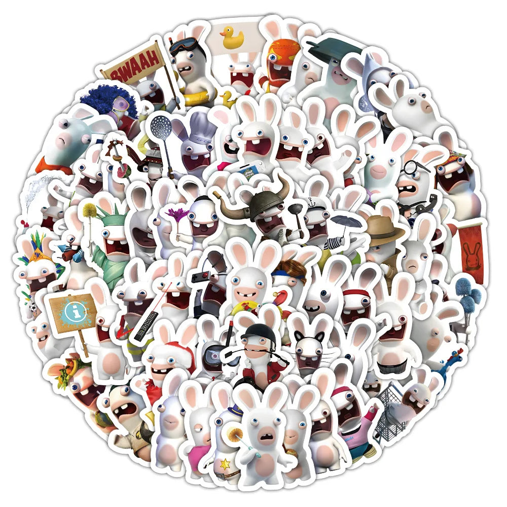 Rabbids Invasion Stickers: Cartoon Decals for Scrapbook, Laptop, Phone, Car, Bike, Skateboard - 10/30/50/104PCS (Online Order Only)