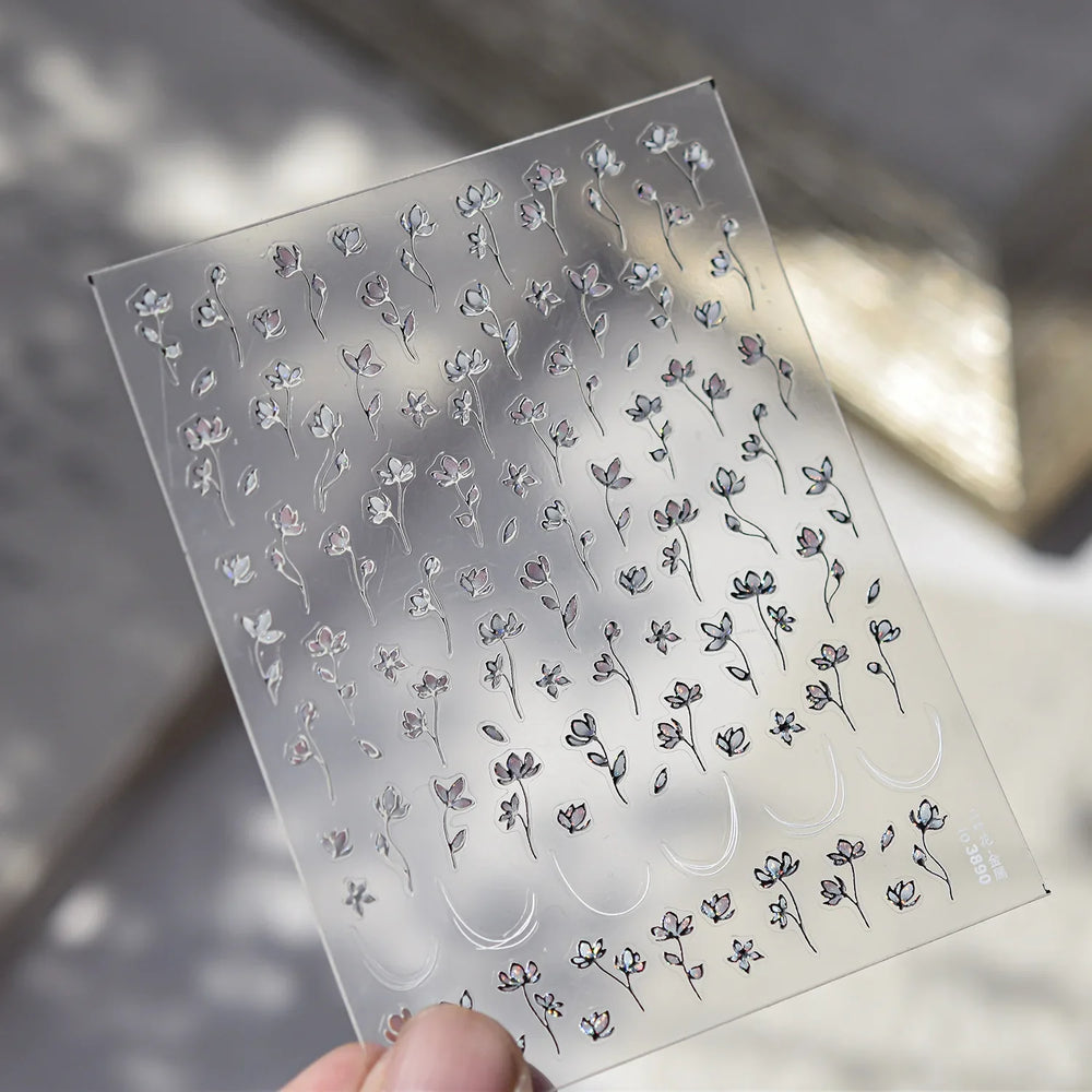 Mini Three Leaf Flower Magnolia Lotus Flower Stem Gradual Petal Line Arc Metal Sillver Delicate Nail Art Stickers Manicure Decal (Online Order Only)