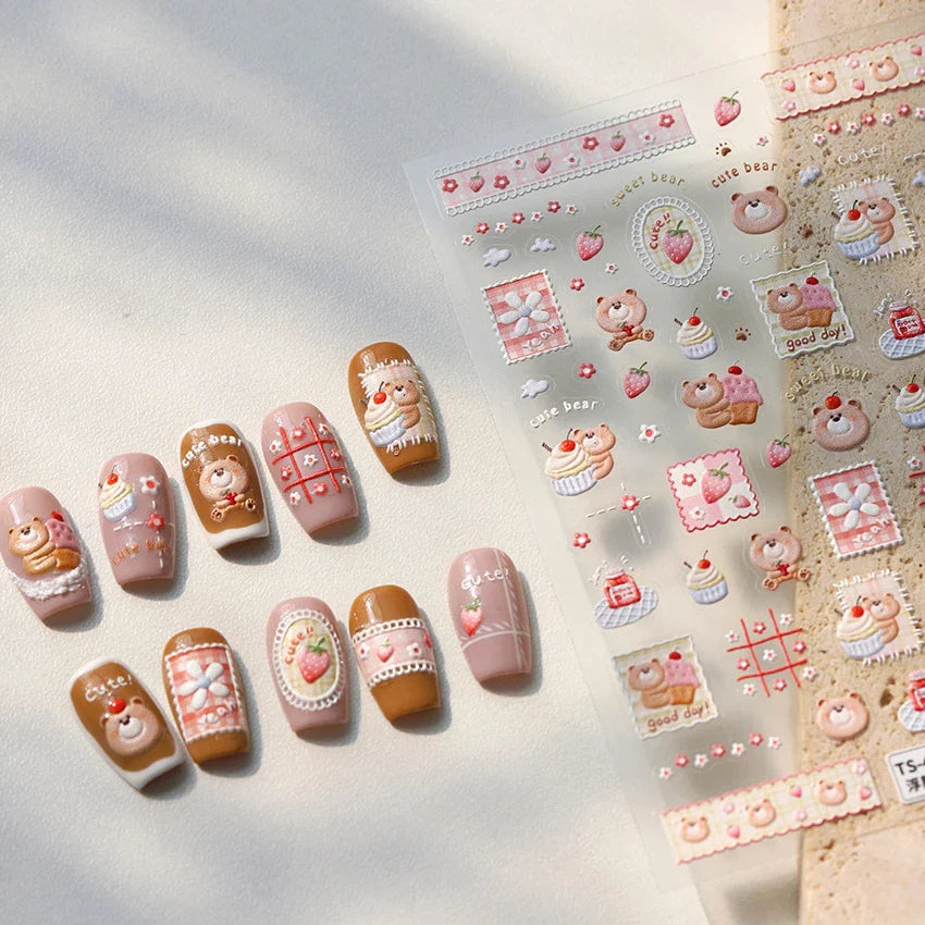 Sweet Dessert Cute Bear Cake Apple Flower Strawberry Jam Lace Line Bear Footprints Adhesive Nail Art Stickers Manicure Decals (ONLINE ORDER ONLY)