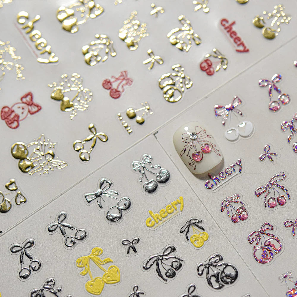 Colourful Cherry Abundant Fruits Bowknot Shiny White Line Outline Self Adhesive Nail Art Stickers Chic Rhinestone Manicure Decal (ONLINE ORDER ONLY)