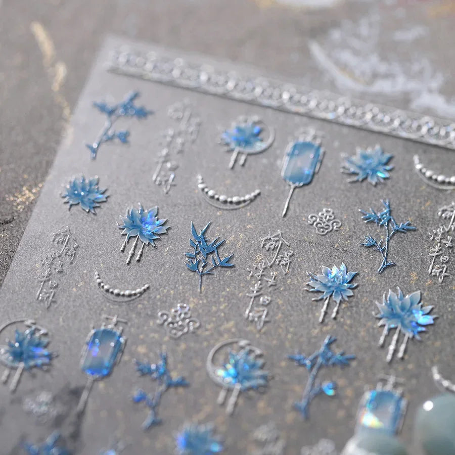 Retro Blue Lotus Flower Arrangement Vase Lantern Totem Pattern Bamboo Leaf Self Adhesive Nail Art Stickers Shiny Manicure Decals (ONLINE ORDER ONLY)