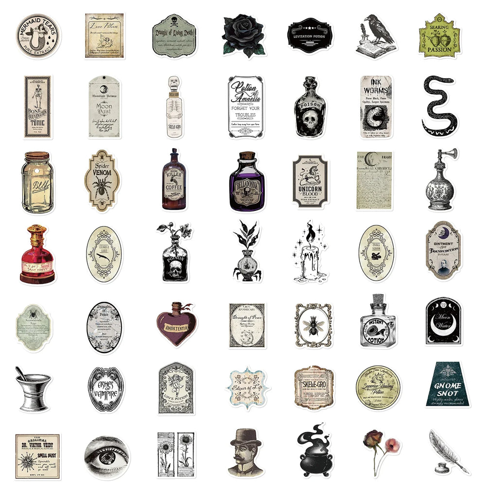50PCS Retro Potion Label Gothic APothecary Stickers For Helmet Car Skateboard Laptop Phone Sticker DIY Graffiti Cool Decal (ONLINE ORDER ONLY)