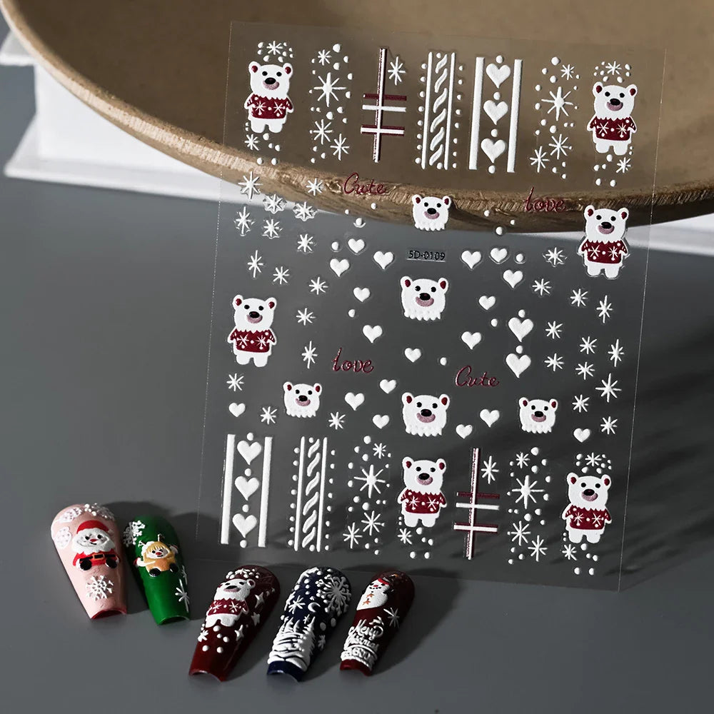 5D Embossed Gingerbread Man Nail Art Sticker Cute Christmas Winter Santa Claus Snowflake Elk Engraved Slider Manicure Decoration (ONLINE ORDER ONLY)