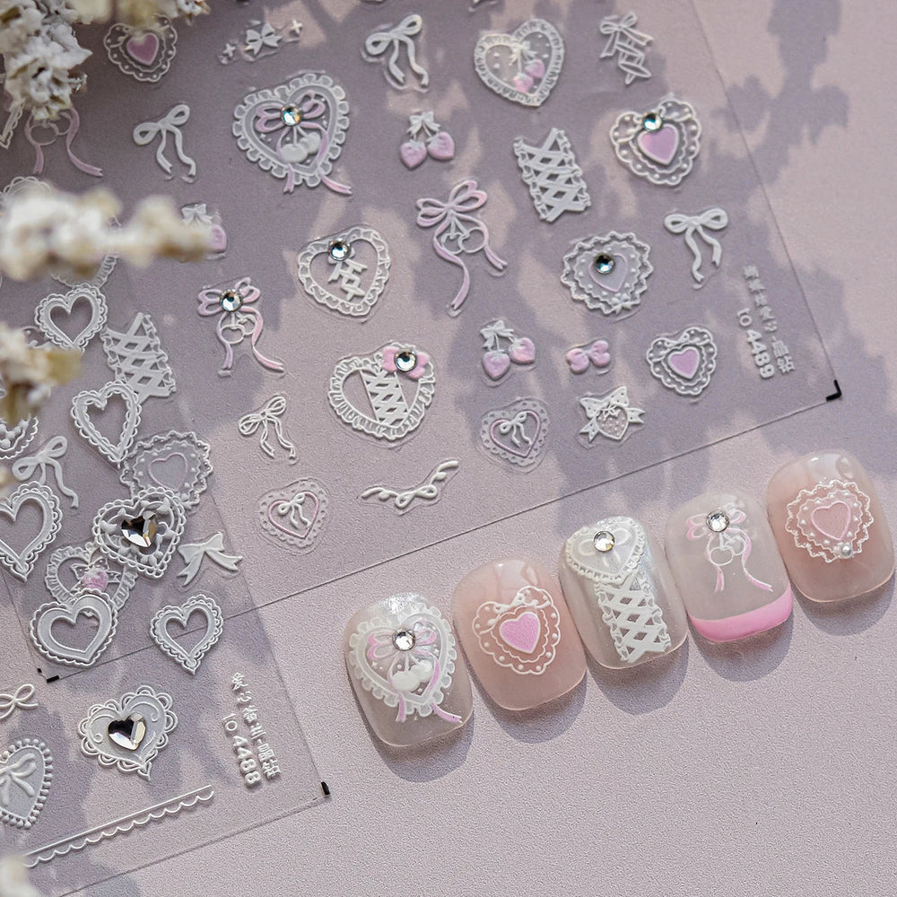 Lovely Heart Strawberry Cherry Bowknot Lace Lolita Crystal Rhinestone Line Rococo Chic Adhesive Nail Art Sticker Manicure Decals (ONLINE ORDER ONLY)