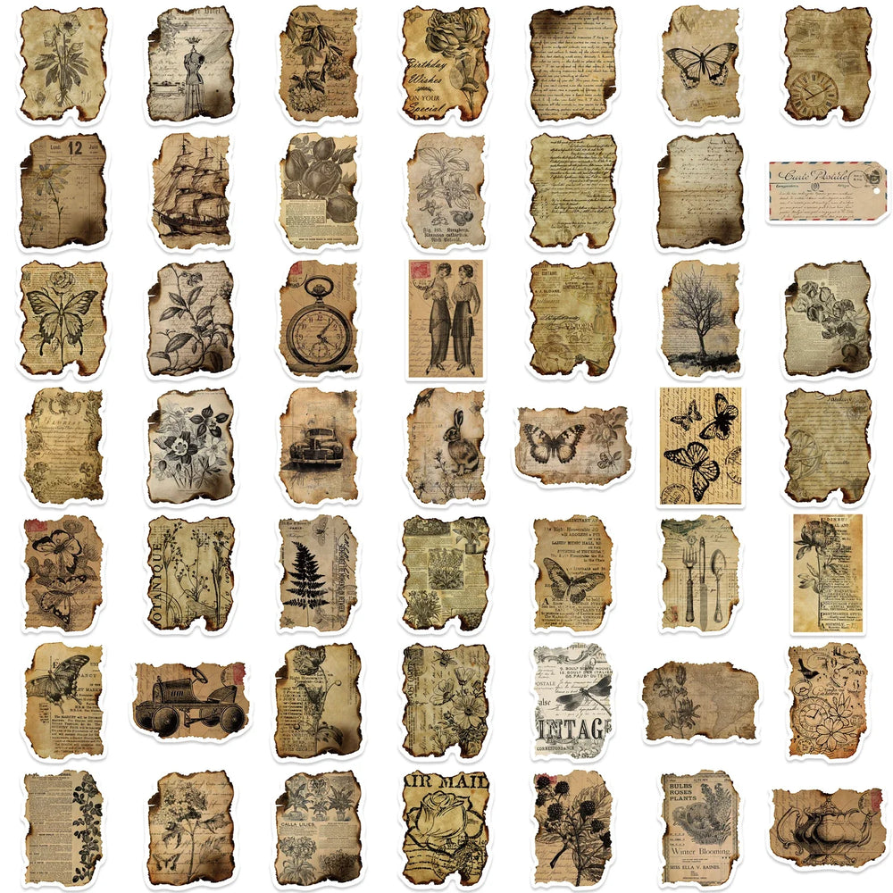 50PCS Vintage Manuscript Stickers For Hand Account Laptop Suitcase Phone Case DIY Cartoon Stickers Retro Style Graffiti Decals (ONLINE ORDER ONLY)