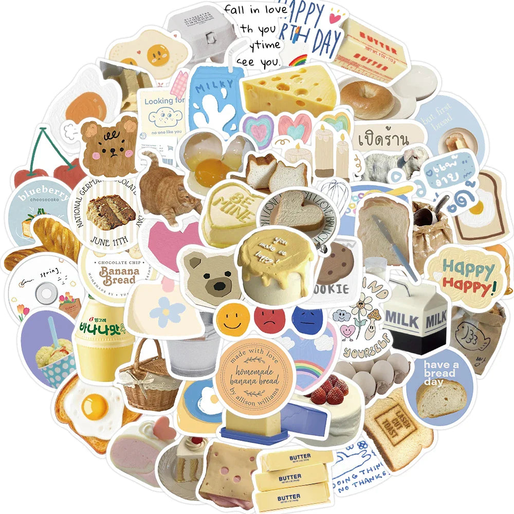 10/63pcs INS Wind Butter Bread Stickers Decals Cartoon Graffiti DIY  Notebook Luggage Wall Decoration PVC Sticker (ONLINE ORDER ONLY)