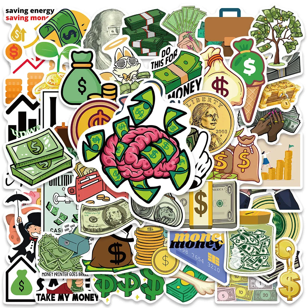 50pcs Funny Cartoon Money Symbol Stickers Water Bottle Sticker Luggage Laptop Guitar Skateboard Waterproof Vinyl Decals (Online Order Only)