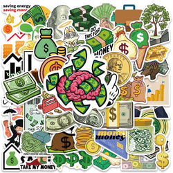 50pcs Funny Cartoon Money Symbol Stickers Water Bottle Sticker Luggage Laptop Guitar Skateboard Waterproof Vinyl Decals (Online Order Only)