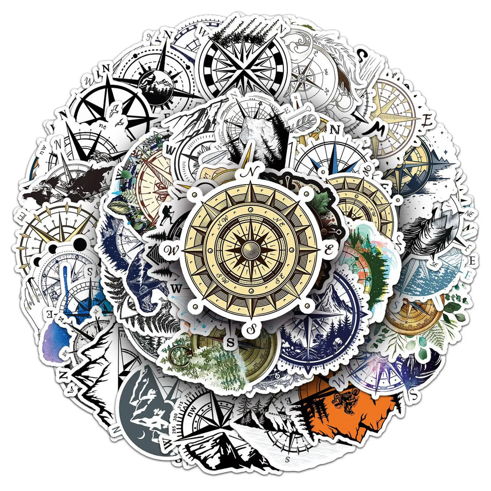 Outdoor Adventure Compass Stickers for Phone, Laptop, Luggage, Skateboard - 10/30/50PCS (Online Order Only)