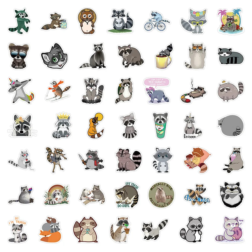 50/100Pcs Novelty Cute Kawaii Cartoon Animals Raccoon Stickers PVC Waterproof Stickers Decals For Kids Boys Girls Toys Gifts (ONLINE ORDER ONLY)