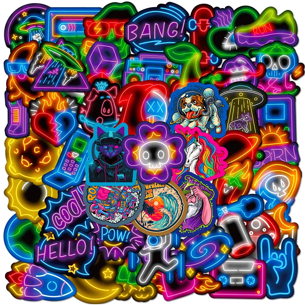 10/30/50/100pcs Funny Cool Neon Graffiti Stickers Aesthetic Cartoon Decals Motorcycle Laptop Suitcase Waterproof Sticker Kid Toy (ONLINE ORDER ONLY)