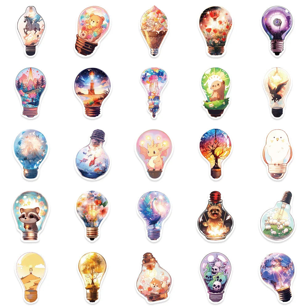 10/30/50pcs Cute World In Bulb Cartoon Stickers Aesthetic Decals Laptop Phone Suitcase Phone Car Decoration Sticker Kids Toys (ONLINE ORDER ONLY)