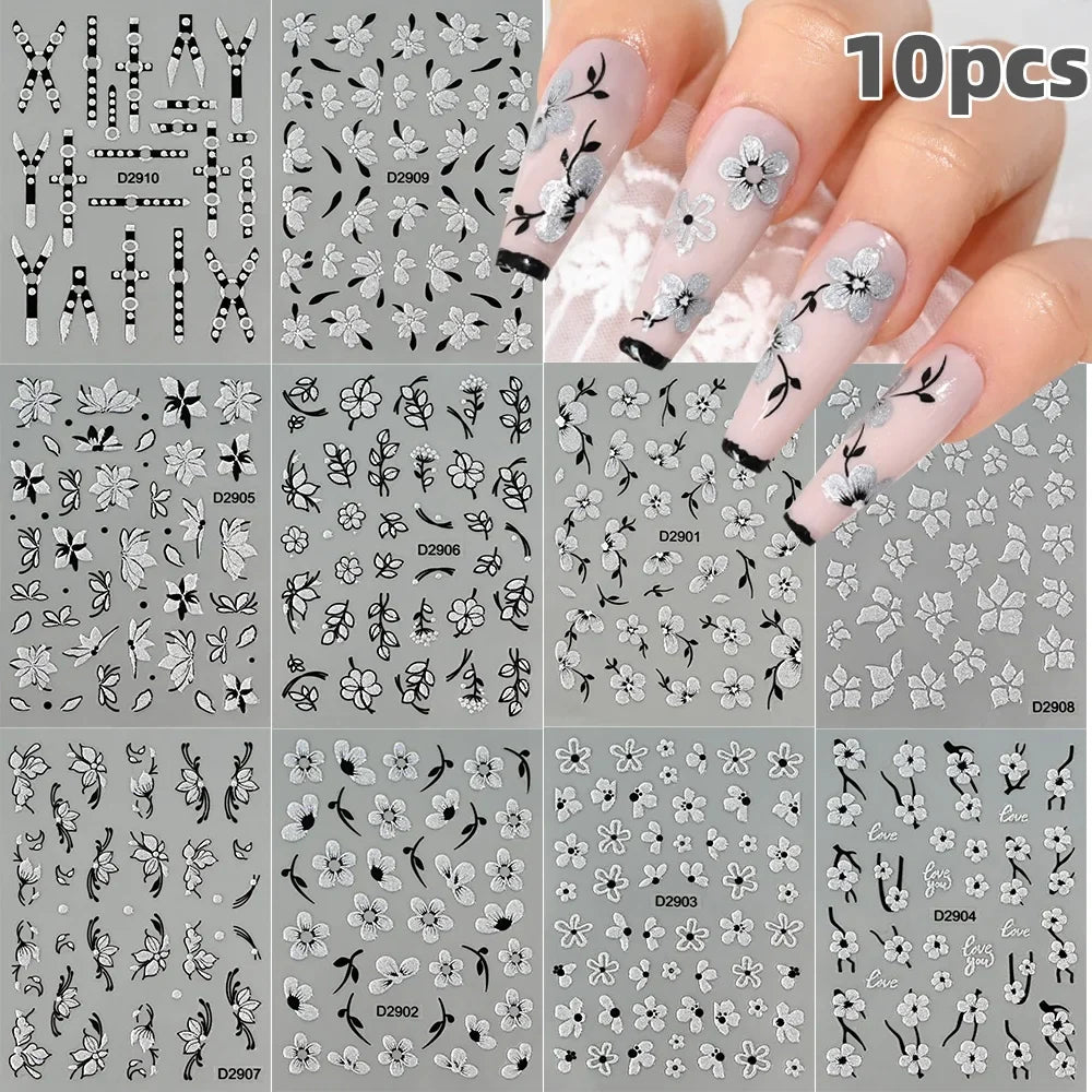 10pcs/Set Sparkling Silvery Floral Nail Art Stickers Self-Adhesive Glittery 5D Hibiscus & Cherry Blossom Decals for Manicure DIY (Online Order Only)