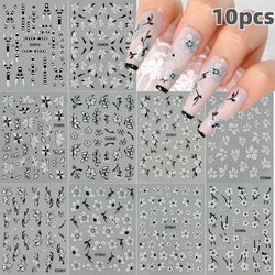10pcs/Set Sparkling Silvery Floral Nail Art Stickers Self-Adhesive Glittery 5D Hibiscus & Cherry Blossom Decals for Manicure DIY (Online Order Only)
