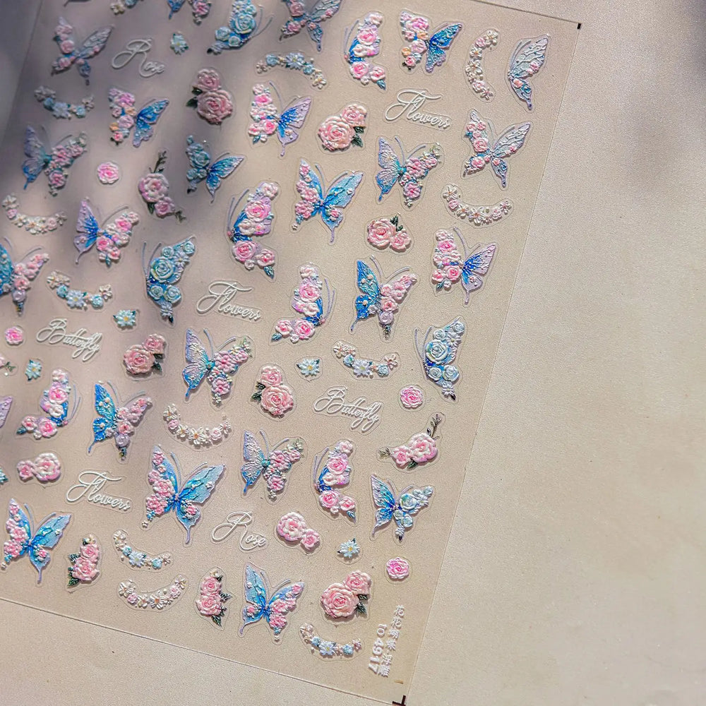 Oil Painting Style Rose Flowers Butterfly Wreath Floral Garland 5D Soft Relief Adhesive Nail Art Sticker Cute 3D Manicure Decals (ONLINE ORDER ONLY)