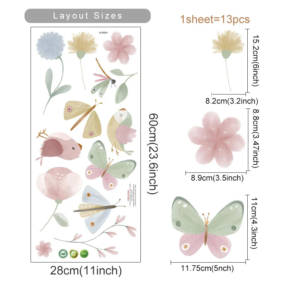 Pink Butterfly Flowers Birds Wall Stickers for Kids Bedroom Nursery Decor (ONLINE ORDER ONLY)