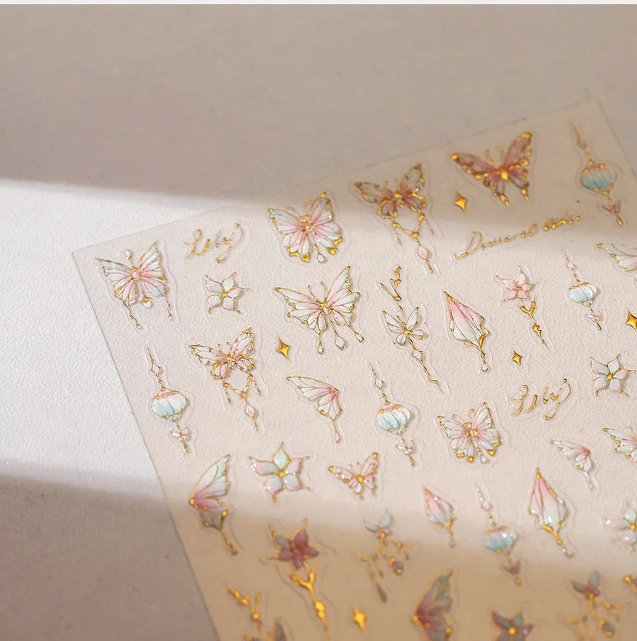 Butterfly Peach Blossom Flowers Lantern Star Tassel Pendant Gold Hot Stamping Self Adhesive Nail Art Stickers Manicure Decals (ONLINE ORDER ONLY)