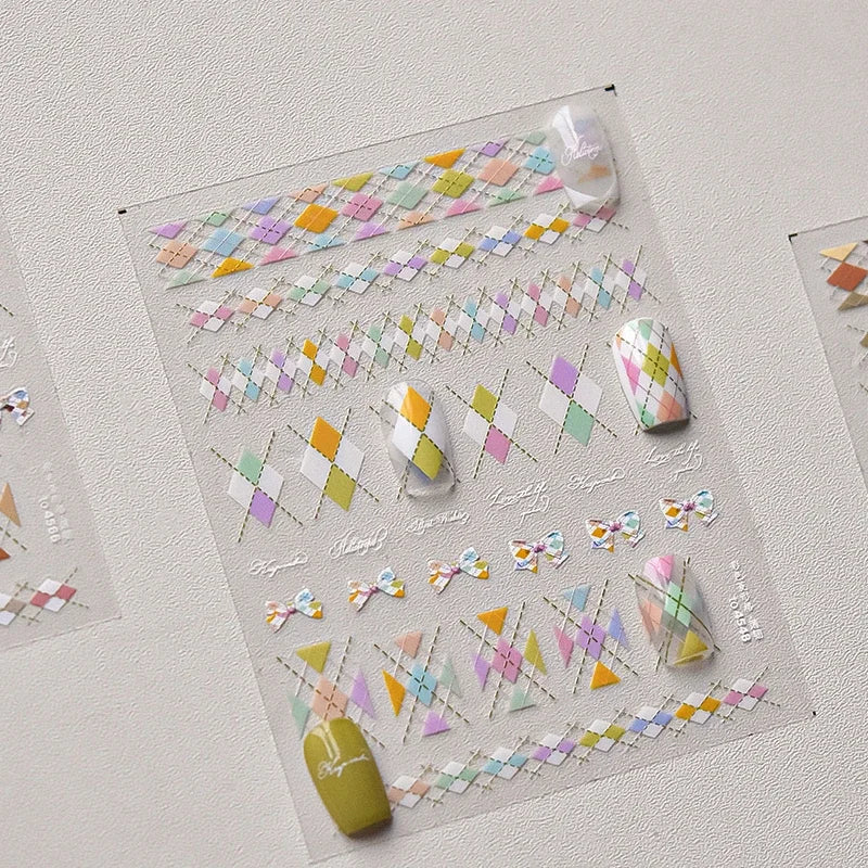 French Style Colorful Square Grid Rhombus Stripe Bowknot Line 3D Self Adhesive Nail Art Stickers Shiny Rhinestone Manicure Decal (Online Order Only)