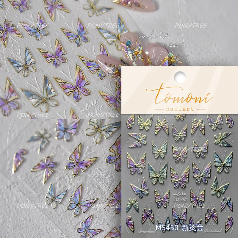 Chic Butterfly Flower Lily Lilium Narcissus Line Beautiful Blue Pearl Self Adhesive Nail Art Stickers Decorations Manicure Decal (Online Order Only)
