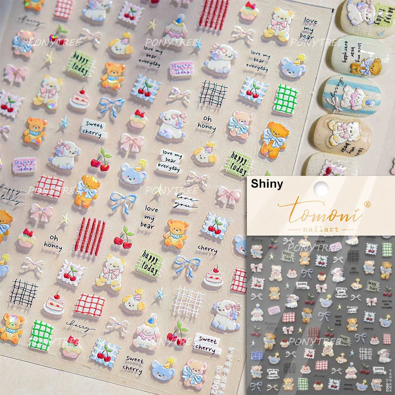 Sweet Dessert Cute Bear Cake Apple Flower Strawberry Jam Lace Line Bear Footprints Adhesive Nail Art Stickers Manicure Decals (ONLINE ORDER ONLY)