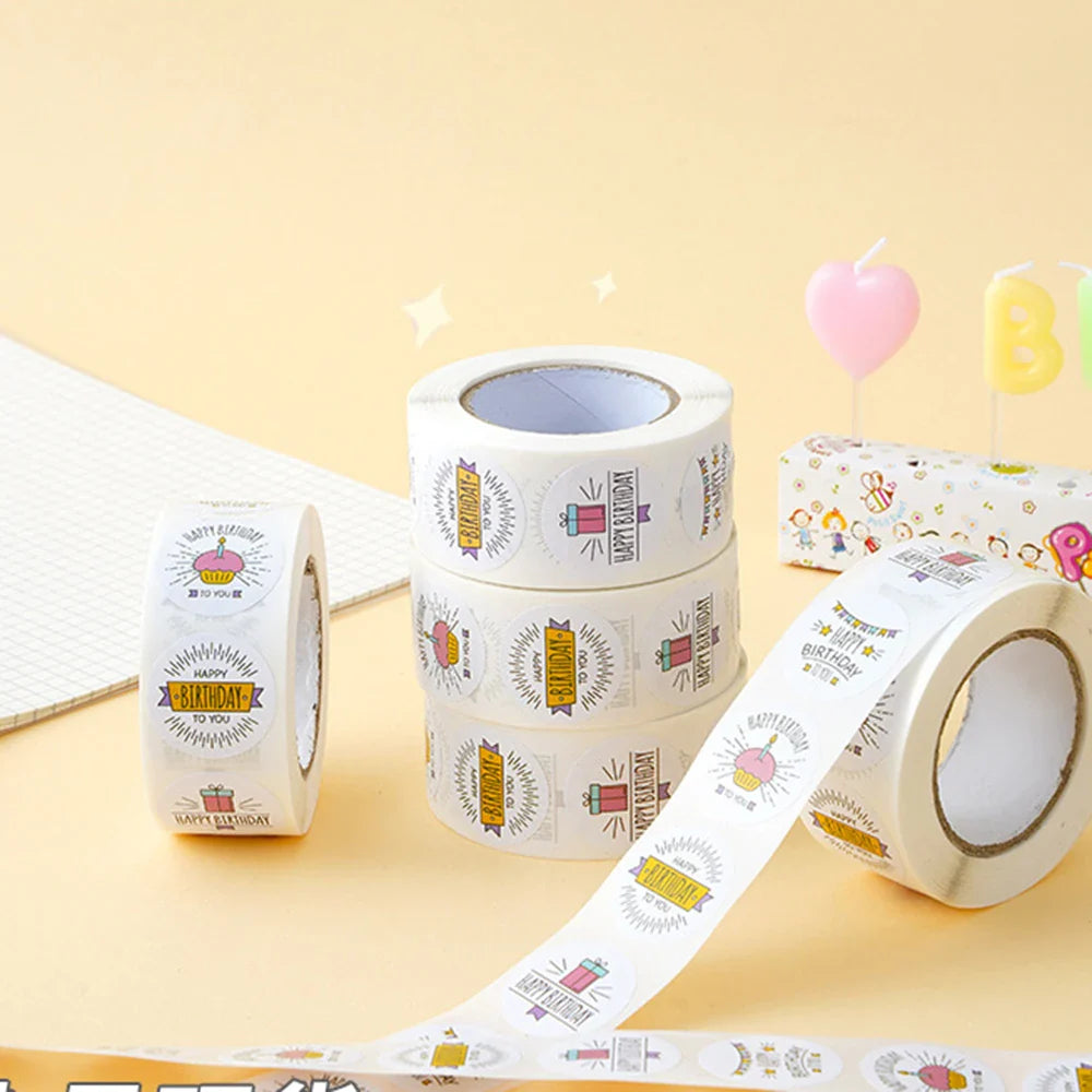 100-500pcs Round Happy birthday Labels Kraft Paper Sticker Candy Bag Flower Gift Box Cake Boxes and Packaging Wedding Stickers (ONLINE ORDER ONLY)